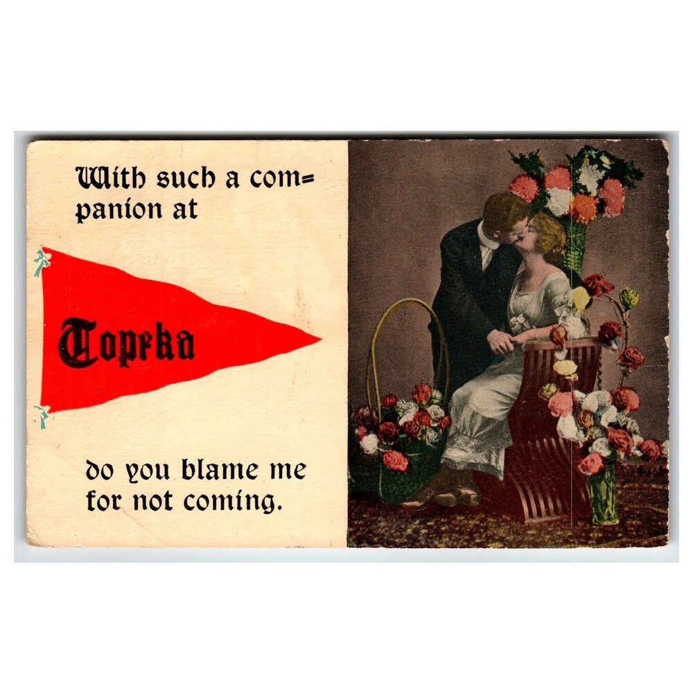Topeka Kansas Lovers Pennant Series Kissing Couple Humorous Postcard c1910s